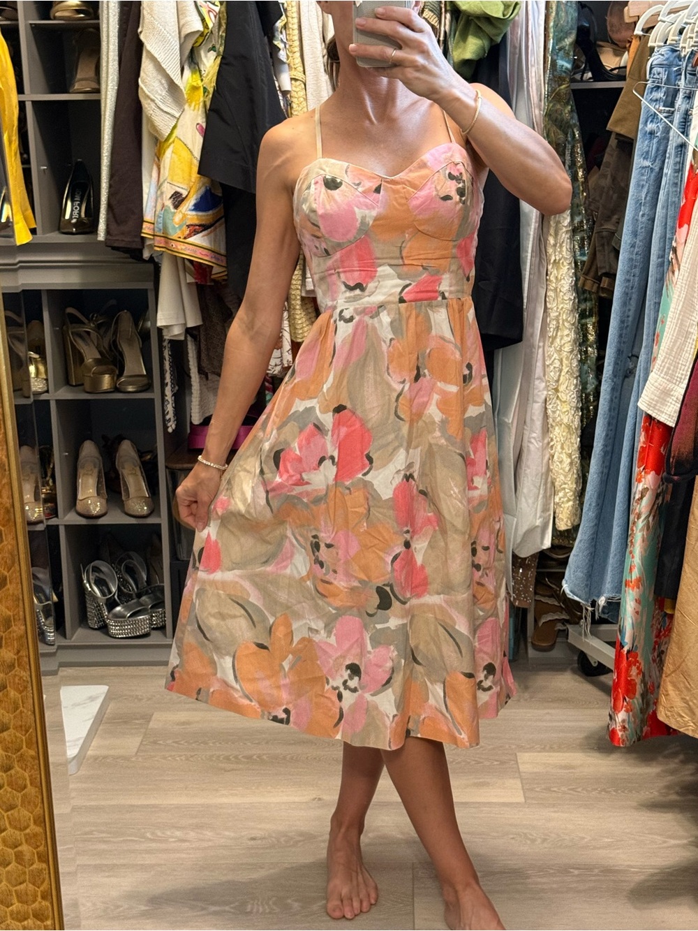 100% Cotton Floral Midi Sundress in Pink & Peach - Women's Spaghetti Strap Dress - Picture 1 of 6